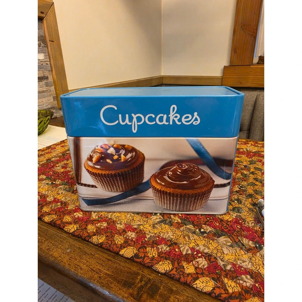 Cupcake Recipe Tin With Cards Blue Metal Storage Box Publications International